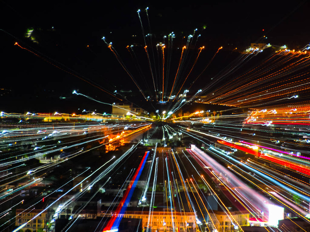 light lines with long exposure,  speed motion abstract background in the dark night ,  blast zoom effect , zoom burst of light in the city - Photo, Image