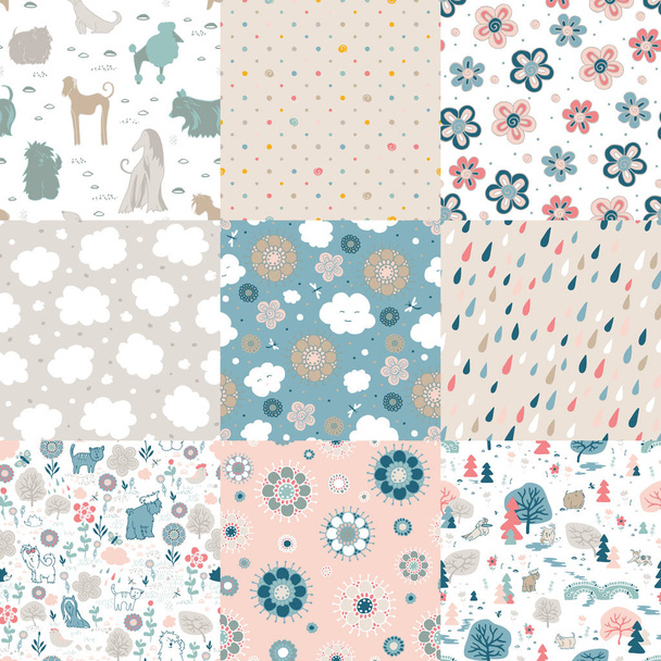 Funny and cute cloud, flowers, dogs. 9 different seamless patterns. - Vector, Image