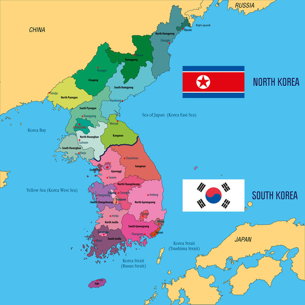 Dél-Korea politikai vektoros Térkép. Dél-Korea és Észak-Korea - Vektor, kép