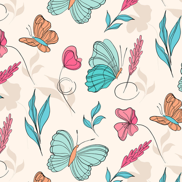Surface pattern with beautiful butterflies and flowers. Botanical gift wrap. Macro nature tropical cover print. Nature sketch in pastel colors for textile, cloth, covers  - Vettoriali, immagini