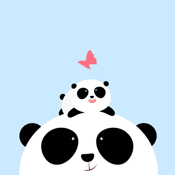Vector Illustration: Um pequeno panda de desenho animado bonito está deitado na cabeça de seu pai / mãe, olhando para uma borboleta. Feliz Dia do Pai. Feliz Dia das Mães
. - Vetor, Imagem