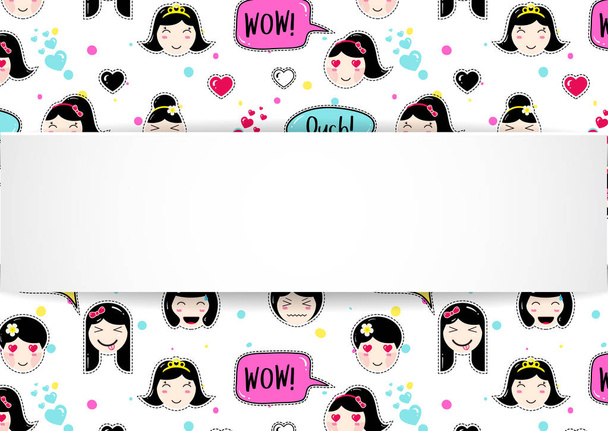 Girl banner with anime emoji pattern. Cute stickers with emotico - Vecteur, image