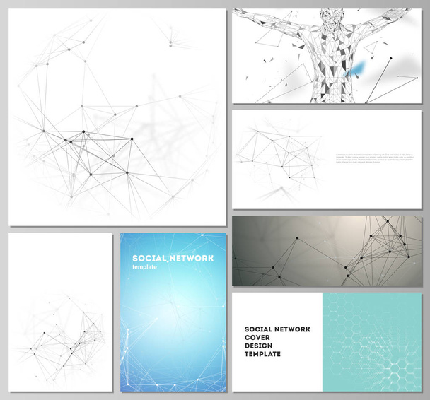 Os layouts editáveis vetoriais minimalistas de mockups de redes sociais modernas em formatos populares. Tecnologia, ciência, conceito médico. Estrutura molecular, linhas de ligação e pontos. Contexto futurista
 - Vetor, Imagem