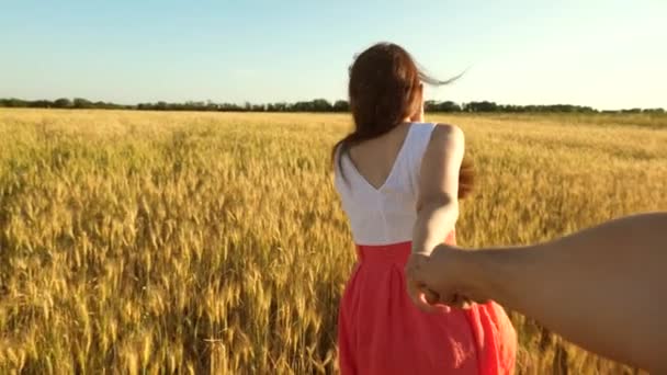 Pitkähiuksinen tyttö juoksee pellon poikki vehnällä pitäen rakastettua kättä ja nauraa ja katsoo takaisin häneen. Hidastus
 - Materiaali, video