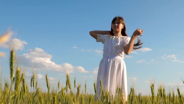 Mooi meisje corrigeert lange haren met handen en glimlacht in veld met tarwe tegen blauwe hemel. Slow motion - Video