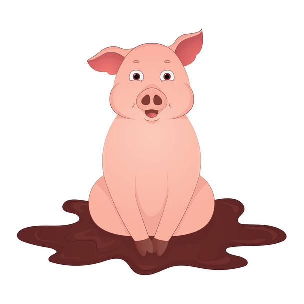 Cute pig sit in the mud cartoon symbol of the year 2019 vector illustration - Vector, Image