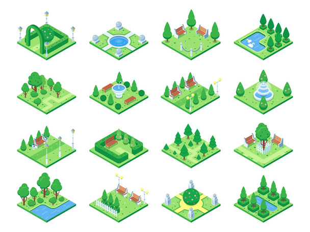 Nature forest elements, plants symbol and green trees for city 3d isometric game map. Isolated park tree vector icons set - Vektor, obrázek