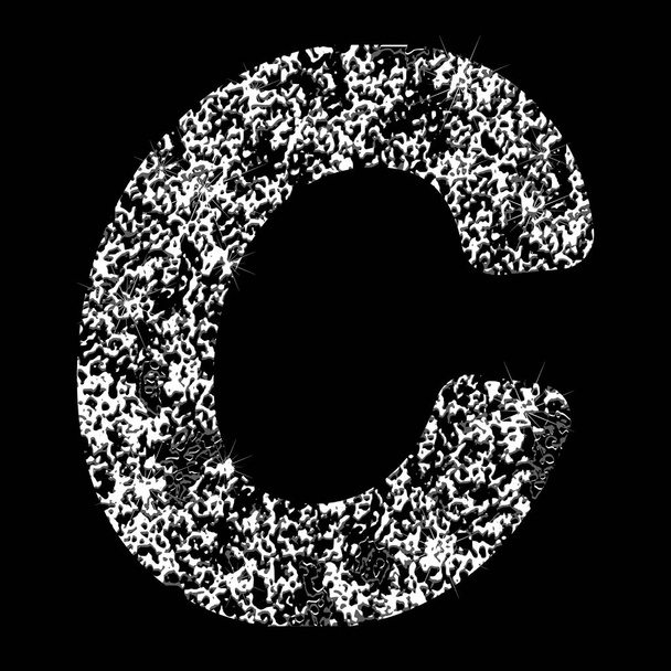 Ασημένια ακτινοβολώντας γράμμα C. διάνυσμα λαμπρό ασημένιο αφρώδη επιστολή σε μαύρο φόντο. - Διάνυσμα, εικόνα