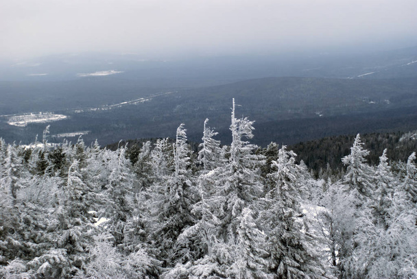 vista de inverno do topo da montanha nos Urais no tempo nublado nevado; em primeiro plano coberto com topos de geada de árvores
 - Foto, Imagem