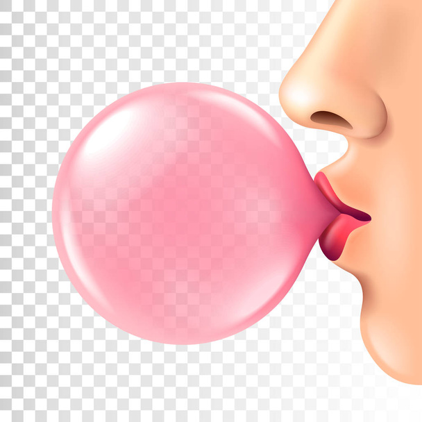 Kobiece usta dmuchanie realistycznych ilustracji wektorowych różowa guma do żucia na białym tle - Wektor, obraz