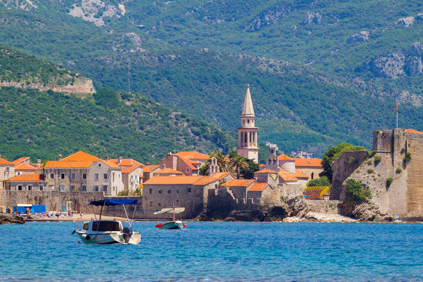 View on the old city Budva at Adriatic sea coastline, Montenegro. summer seascape background. - Photo, Image