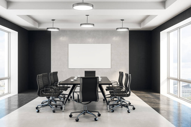 blank white poster in minimal style conference room with concrete wall and floor. 3d rendering - Foto, Bild