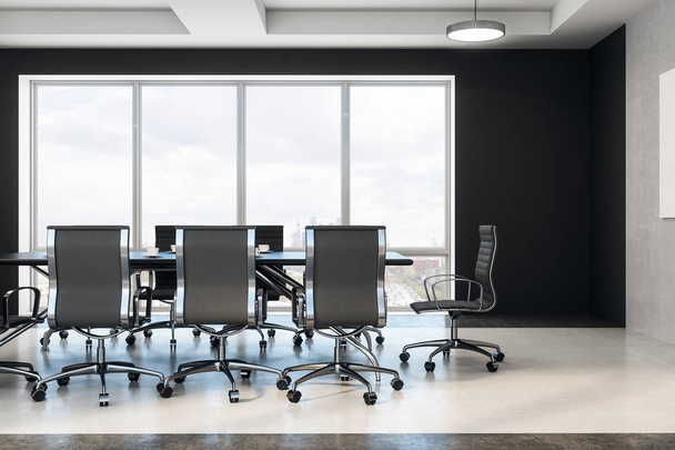 modern boardroom with grey chairs, black table, concrete floor and windows floor-to-ceiling. 3d rendering - Photo, Image
