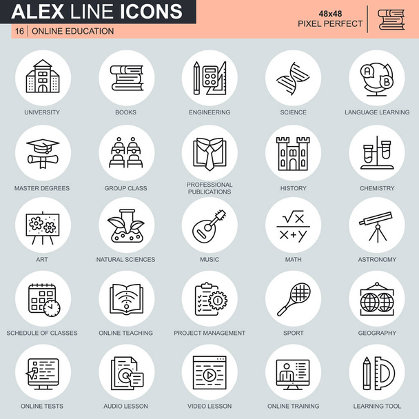 Thin line online education, e-learning, e-book icons set for website and mobile site and apps. Contains such Icons as University, School. 48x48 Pixel Perfect. Editable Stroke. Vector illustration. - Vector, Image
