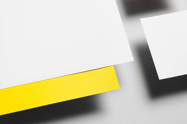 Branding / Stationery Mock-Up - Yellow & White. Close-Up. Floating - Letterhead (A4), Business Cards (85x55mm) - Foto, Imagem