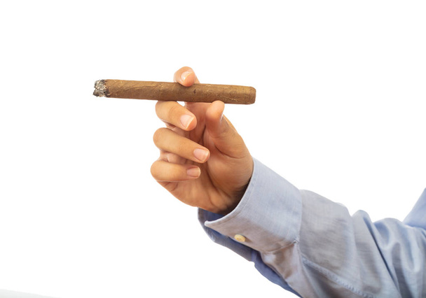 Tupakointi. Kuubalainen sikari valkoisella taustalla eristetyssä miespuolisessa kädessä, leikkausreitti
 - Valokuva, kuva