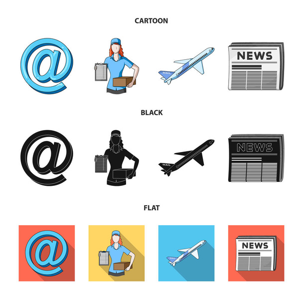Σύμβολο email, courier με δέμα, ταχυδρομική αεροπλάνο, πακέτο των εφημερίδων. Αλληλογραφίας και ταχυδρόμος που συλλογή εικονιδίων στο καρτουν, μαυρες, επίπεδη στυλ διάνυσμα σύμβολο μετοχής εικονογράφηση web. - Διάνυσμα, εικόνα