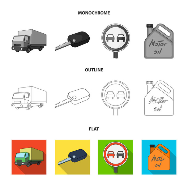 Φορτηγό με κλειδί ανάφλεξης, απαγορευτικό σήμα, τέντα, λάδι κινητήρα σε εικόνες set συλλογή όχημα σε επίπεδη, περίγραμμα, κάνιστρο, μονόχρωμη στυλ διάνυσμα σύμβολο μετοχής εικονογράφηση web. - Διάνυσμα, εικόνα