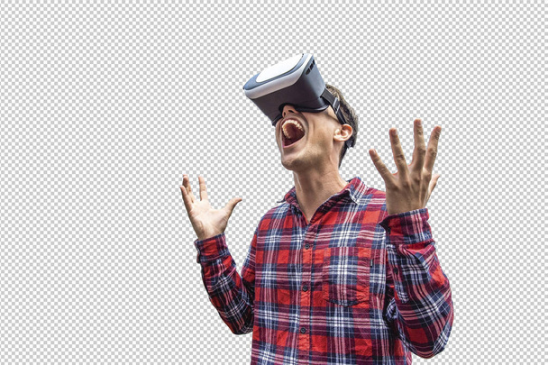 Uomo che indossa occhiali di realtà virtuale. Studio shot, sfondo trasparente con contorno interno
 - Foto, immagini