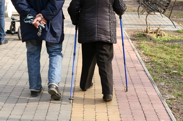Starý starší muž a žena chodí s holí - Fotografie, Obrázek