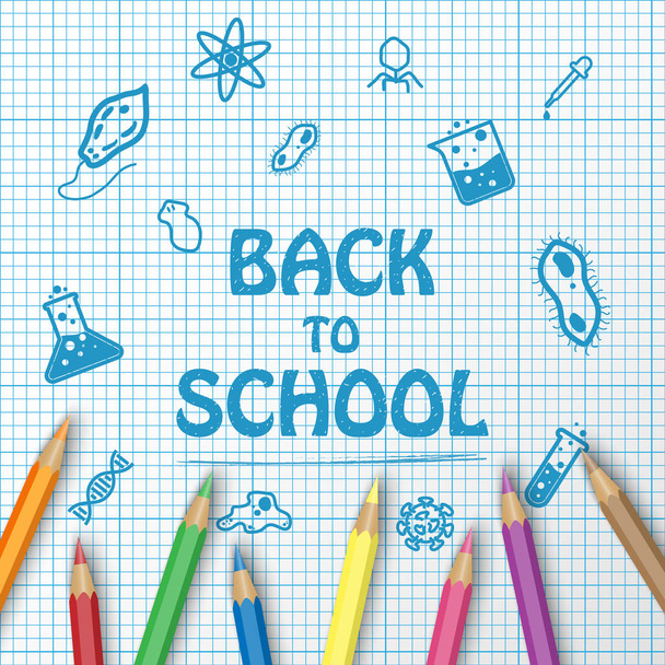 Back to school text drawing on paper graph with school items and elements and color pencils, vector illustration - Vector, imagen