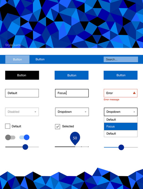 Tmavě modrý vektor kit ui design s mozaikou. Uživatelského rozhraní Ux sada s barevnými polygonální pozadí v jeho záhlaví. Tato šablona, kterou lze použít pro webové stránky. - Vektor, obrázek