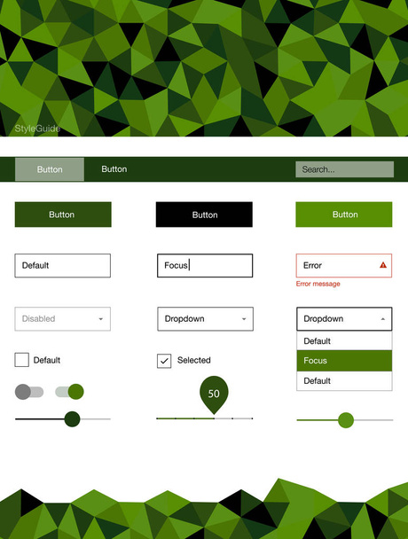 Dark Green vector web ui kit in polygonal style. Modern Style guide in polygonal style with triangles. This template you can use for websites. - Vector, afbeelding