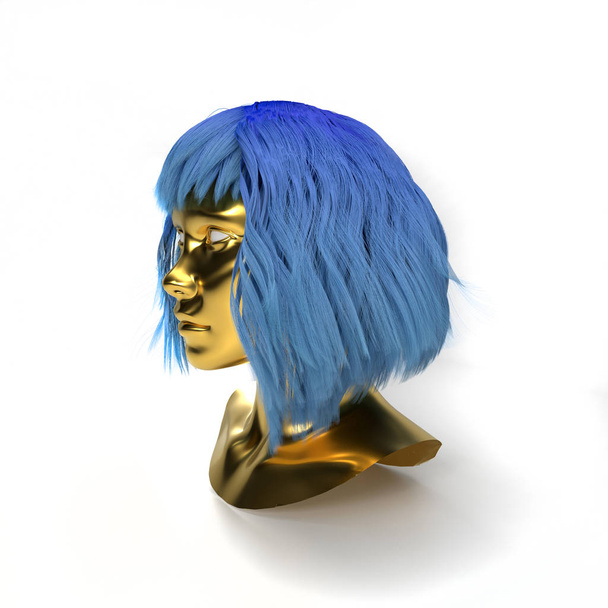 3d rendering of gold head mannequin with wig isolated on white background. Abstract avatar with blue hair. Portrait beautiful cyber girl.  Artificial intelligence bot in virtual reality. Robot closeup - Photo, Image