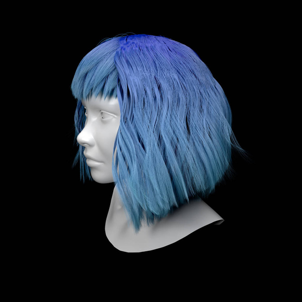 3D representación de maniquí de cabeza blanca con peluca aislada sobre fondo negro. Avatar abstracto con pelo azul. Retrato hermosa chica cibernética. Robot de inteligencia artificial en realidad virtual. Primer plano del robot
 - Foto, imagen