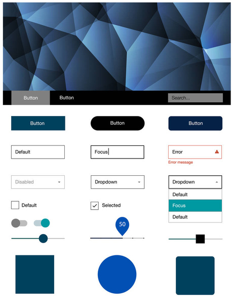 Dark Blue, Green vector style guide with triangles. Ui Ux kit with colorful polygonal background in its header. This template you can use for landing pages. - Vector, afbeelding