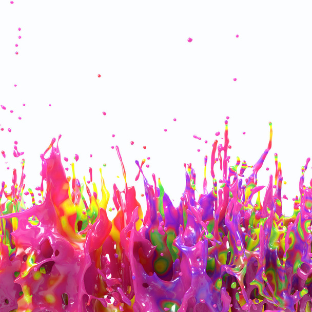 3D-Rendering von farbenfrohem Splash. viele Farben diffundieren in einem flüssigen Tropfen. abstrakte Farbexplosion auf weißem Hintergrund. glänzende ölige Flüssigkeit mit Regenbogenflecken. Verschiedene Pigmente gemischt - Foto, Bild