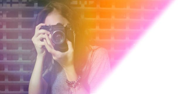 Bluury image of girl taking photo with light leak - Fotoğraf, Görsel
