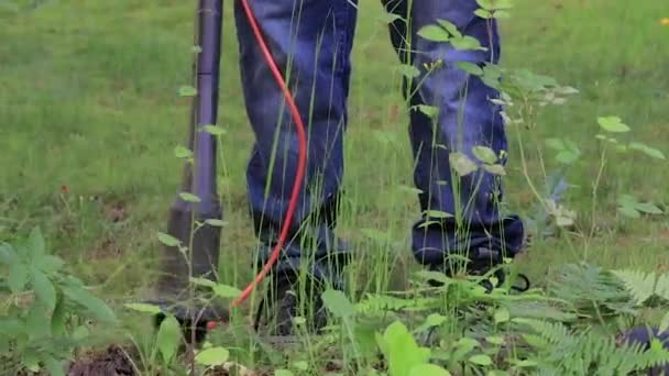 man in jeans cuts weeds and lawn - Footage, Video