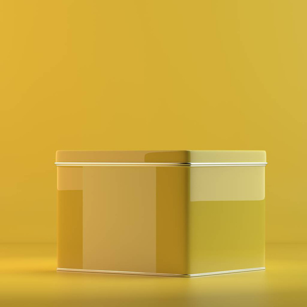 Rendering of square tin box for tea. 3D design mockup. All objects and background painted in one bright colour. Full monochrome illustration. Total yellow color. - Photo, Image