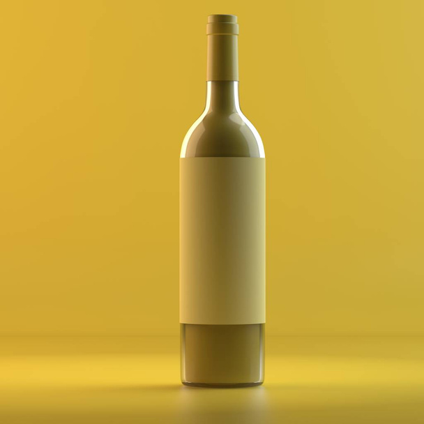 Απόδοση του κρασιού γυάλινο μπουκάλι. 3D mockup σχεδίαση. Όλα τα αντικείμενα και φόντο βαμμένο σε ένα έντονο χρώμα. Πλήρης μονόχρωμη εικόνα. Σύνολο κίτρινο χρώμα. - Φωτογραφία, εικόνα