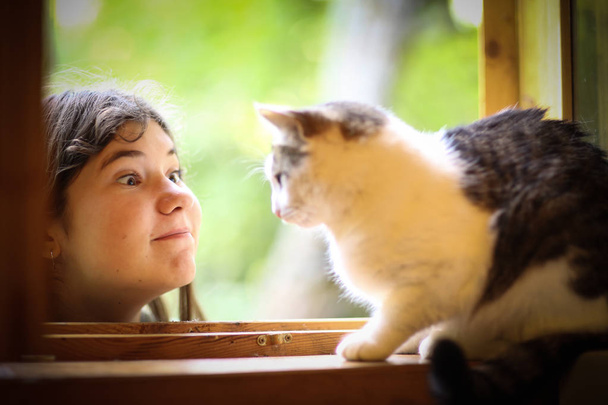 nyári napos fotó tinédzser lány átölelve macska közelről fotó a nyitott ablak háttér - Fotó, kép