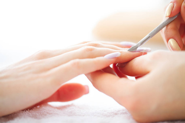 Spa manicure. Francuski manicure w salonie spa. Kobieta ręce w salon paznokci, manicure procedura odbierania. Procedura manicure. - Zdjęcie, obraz