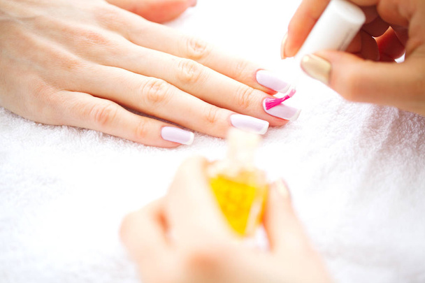 SPA manicure. French manicure at spa salon. Woman hands in a nail salon receiving a manicure procedure. Manicure procedure. - Photo, Image