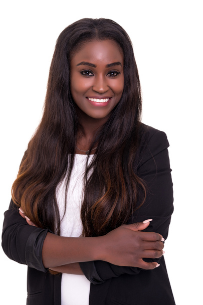 Bella donna d'affari africana posa isolata su sfondo bianco
 - Foto, immagini
