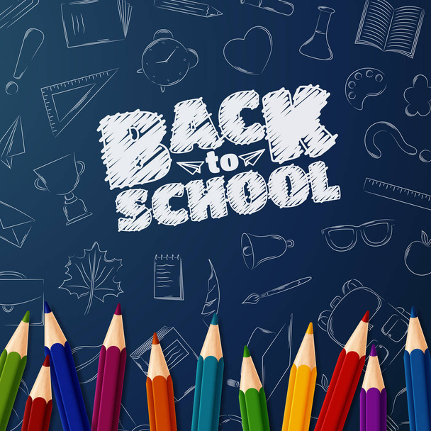 Welkom terug op school achtergrond met doodle elementen op het schoolbord en kleurrijke potloden - Vector, afbeelding