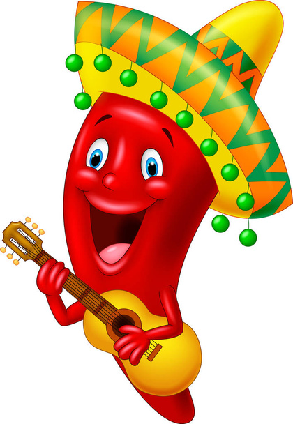 Red Chili Pepper Cartoon Charakter mit mexikanischem Hut spielt eine Gitarre - Vektor, Bild