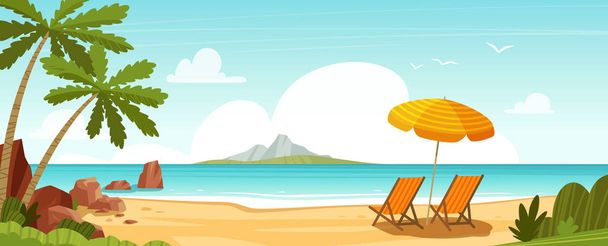 Sea beach and sun loungers. Seascape, vacation banner. Cartoon vector - Διάνυσμα, εικόνα