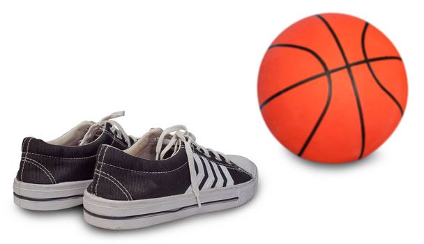 Sports shoe with a basketball in background.(with free space for text)     - Photo, Image