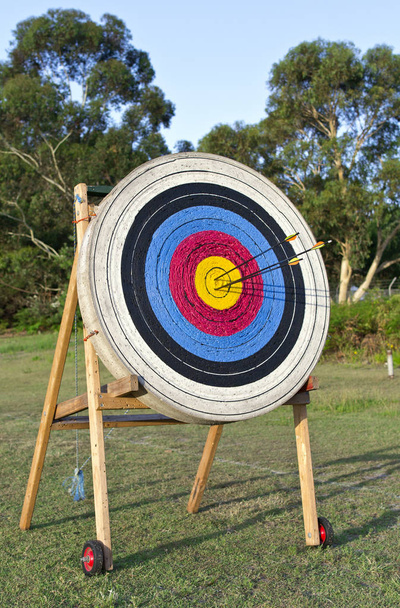 Bogenschießen Zielscheibe steht auf dem Rasenplatz - Foto, Bild