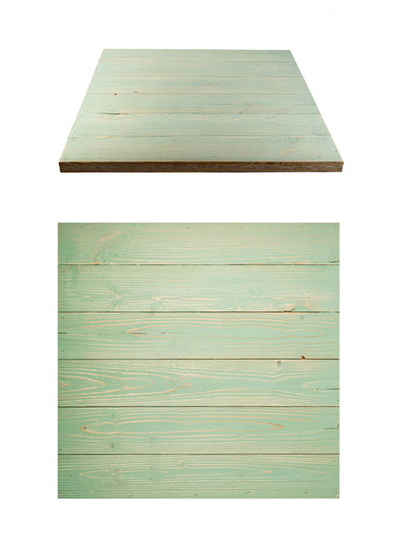 Набір бірюзових дерев'яних столів ізольовано на білому тлі. Порожній білий дерев'яний стіл Top Collection for Product Advertising
 - Фото, зображення