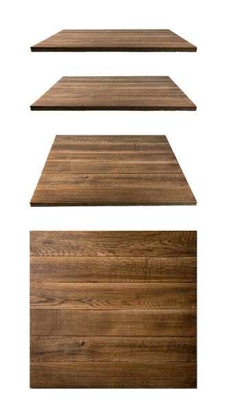 Набір дерев'яних столів ізольовано на білому тлі. Порожній коричневий дерев'яний стіл Top Collection for Product Advertising
 - Фото, зображення