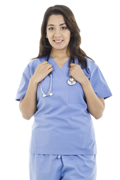 Imagem de stock de uma trabalhadora de saúde isolada sobre fundo branco
 - Foto, Imagem