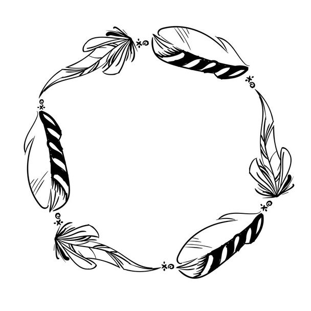Monochrome circle frame of feathers. Ready template for design, postcards, printing - Vektör, Görsel