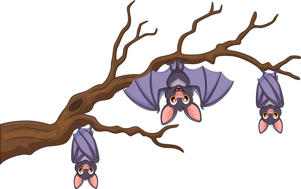 Glückliche Cartoon-Fledermaus hängt am Baum - Vektor, Bild