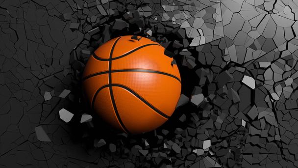 Sports concept. Basketball ball breaking with great force through a black wall. 3d illustration. - Photo, Image